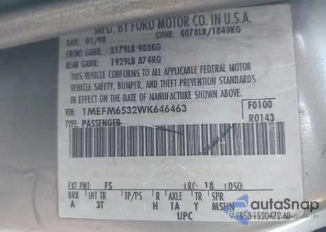 1998 Mercury Mystique from USA, damaged, VIN 1MEFM6532WK646463